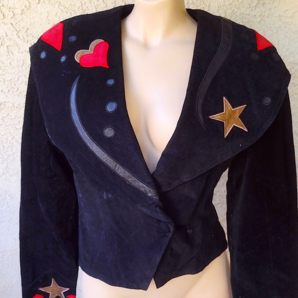 AS-IS Vintage Chia Fitted Black Suede Leather Jacket w/ Heart & Star Patches / M